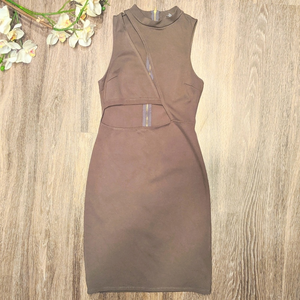 🔥Olive Green Bodycon Cutout Dress Gold Zipper - M